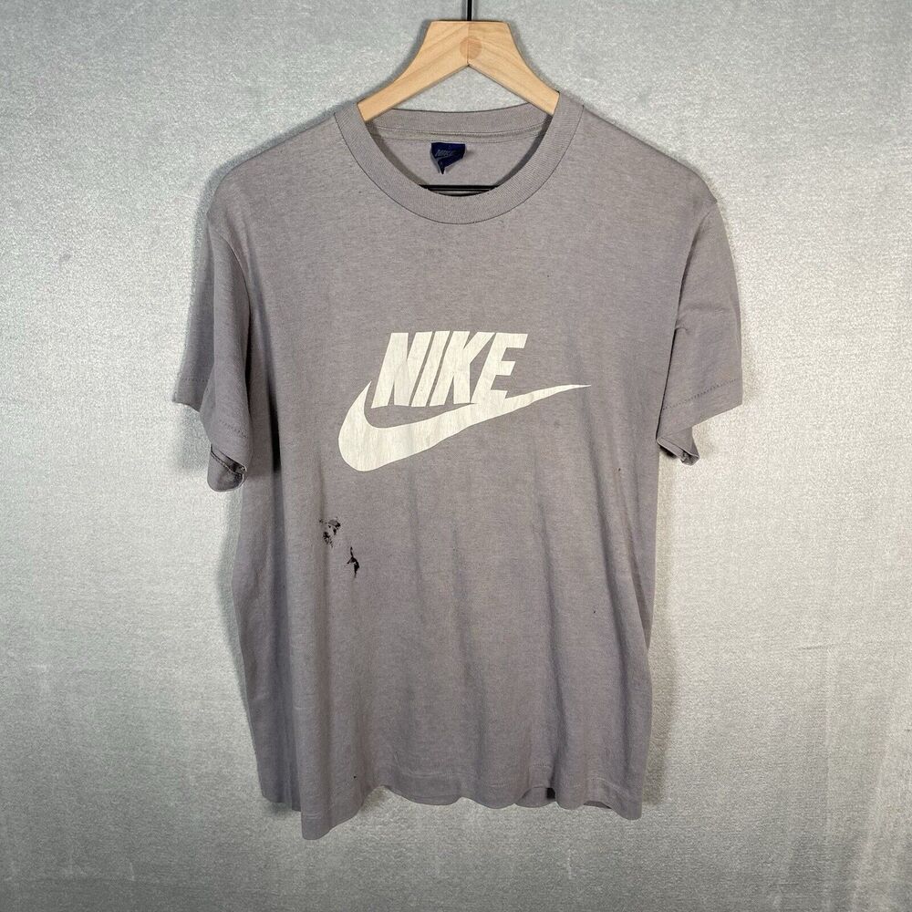 Vintage 80s Nike T Shirt Size Large Logo Single Stitch Thrashed Faded Blue Tag